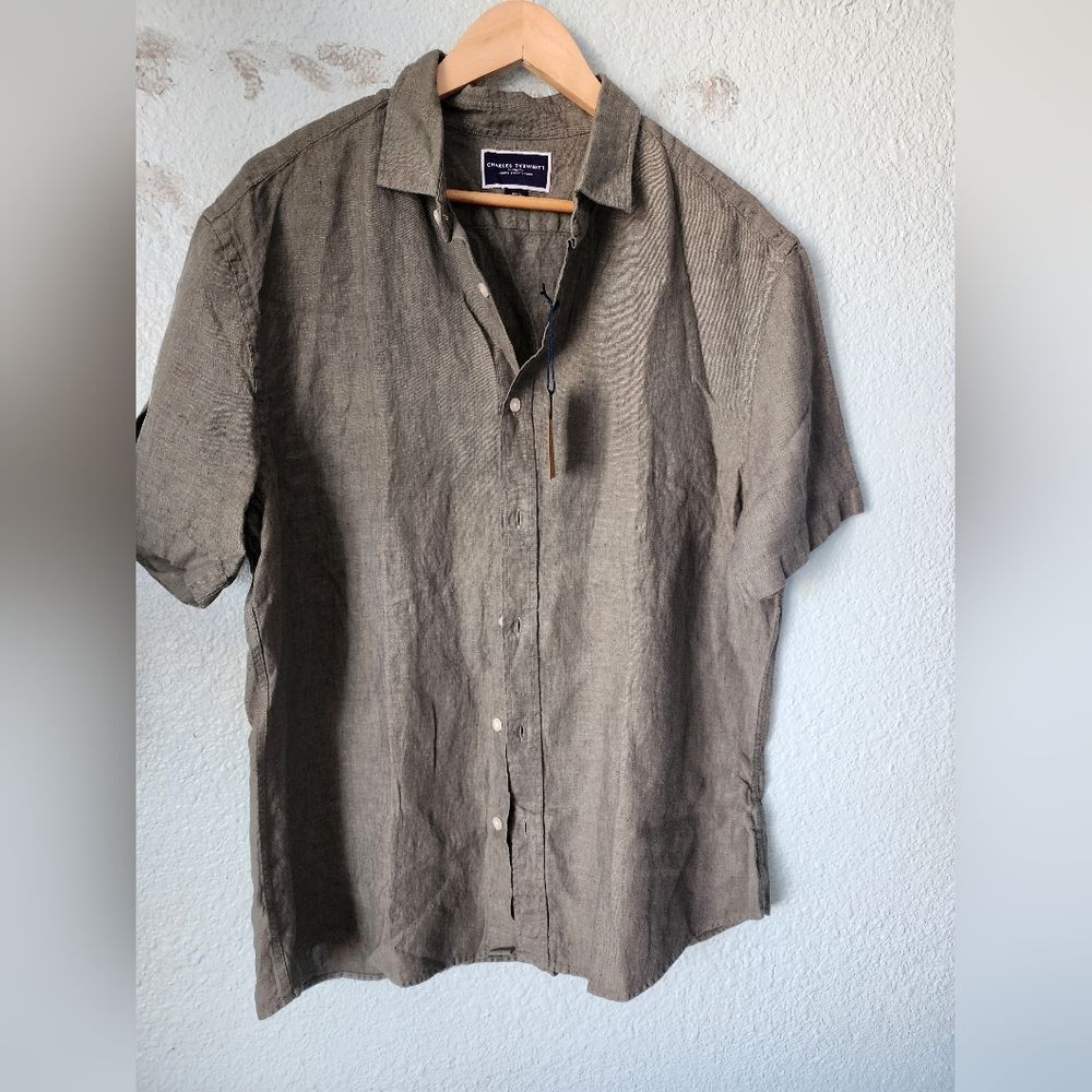 Charles Tyrwhitt Men's Green Pure Linen Shirt - Picture 2 of 14